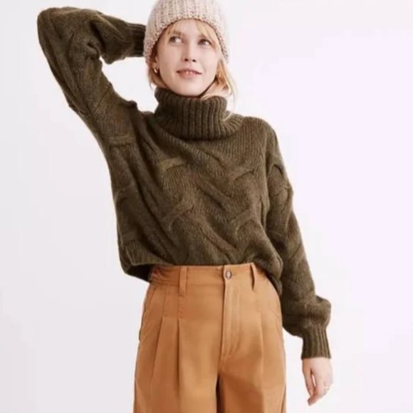 NWT Madewell Somervell Olive Green Turtleneck Cable Knit Ribbed Wool Sweater - Picture 7 of 7